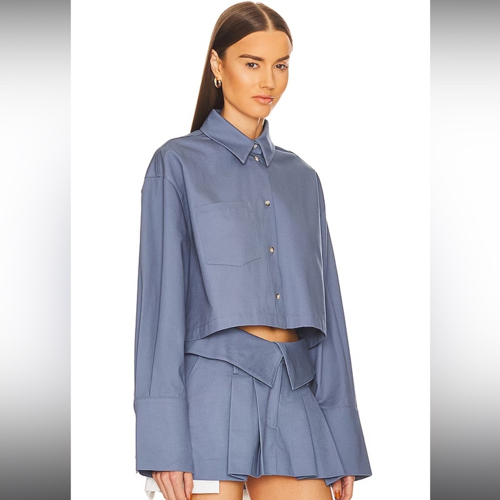 Helsa Chino Set - Cropped Shirt & Pleated Mini Skort in Blue Grey